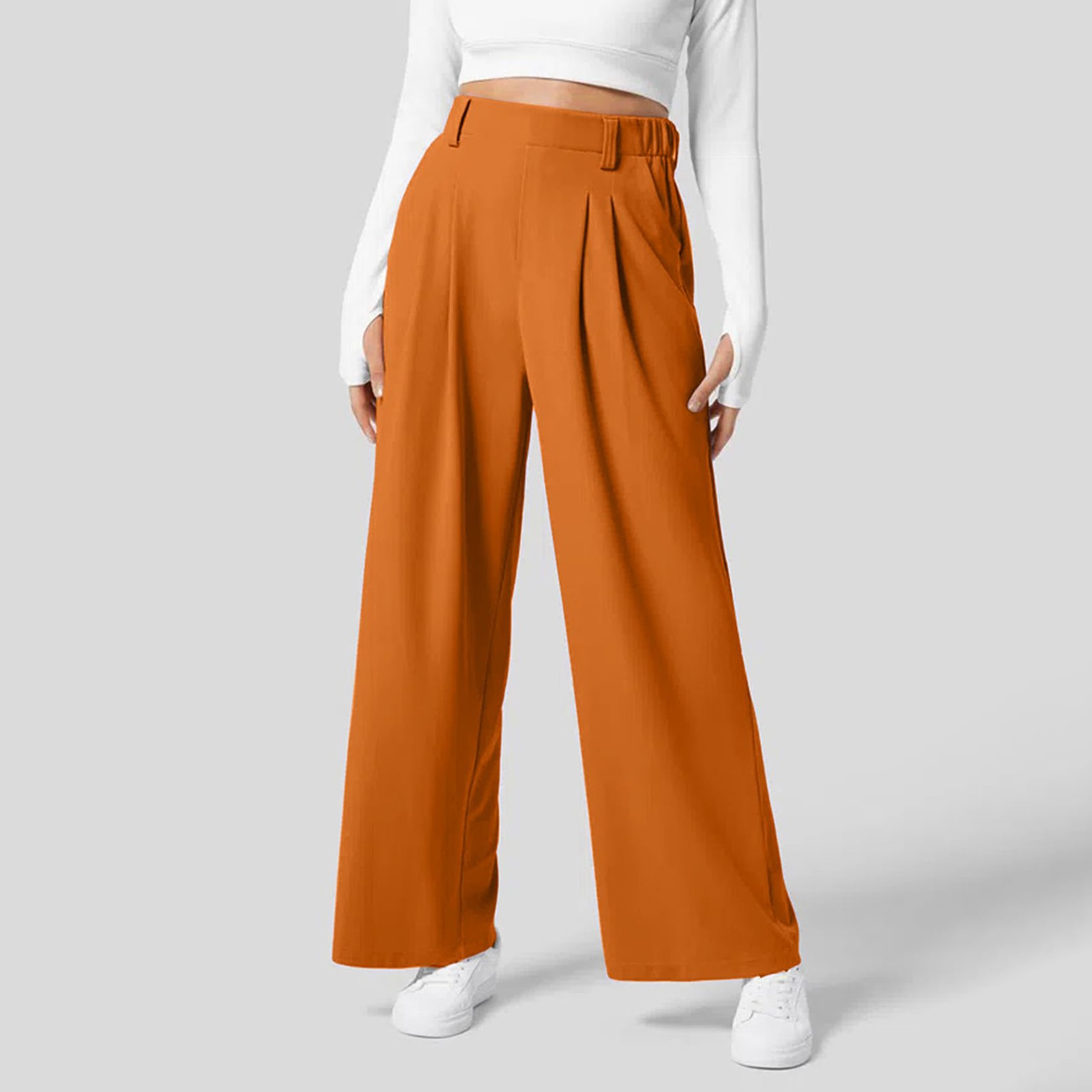thumbnail image 2 of Pantalones de vestir de cintura alta y pierna ancha para mujer: cintura elástica, algodón y lino, bolsillos; pantalones informales de oficina., 2 of 7